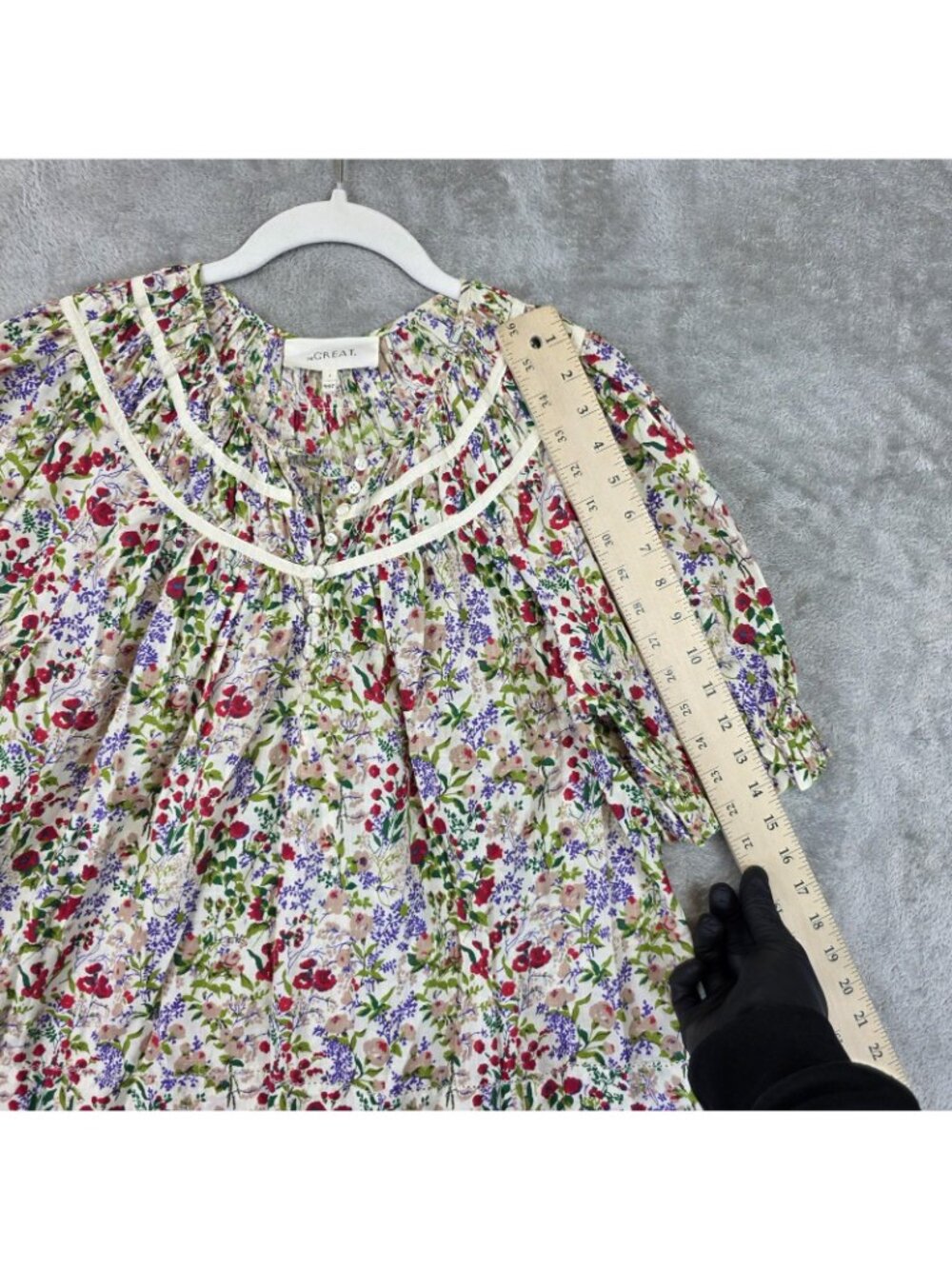 THE GREAT. Blouse Womens 2 Multicolor Floral Henley Puff Sleeve Boho Top - Picture 7 of 10